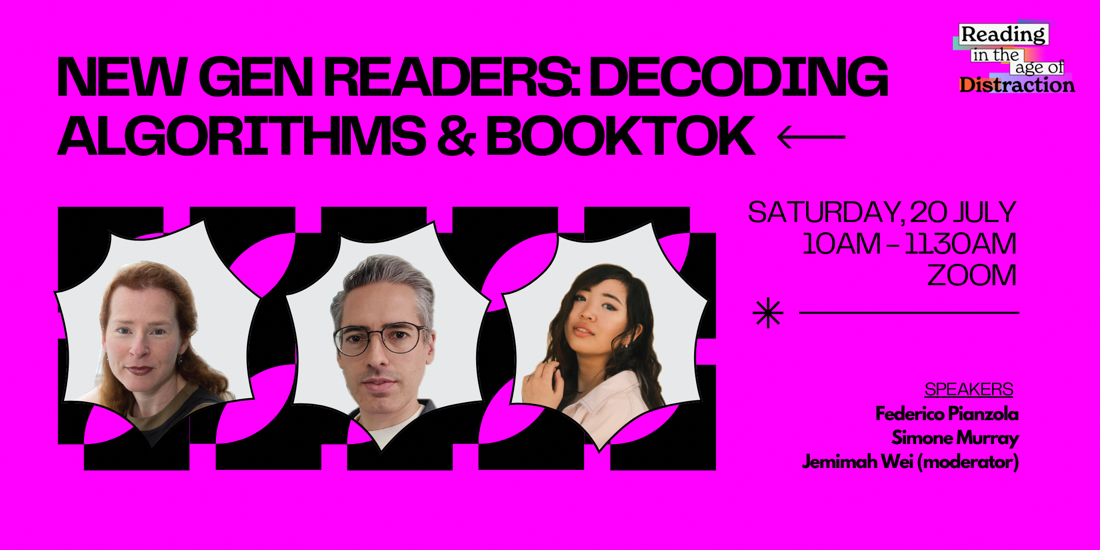 Pink event flyer for a Zoom panel on algorithms and BookTok on July 20, featuring photos of three speakers.