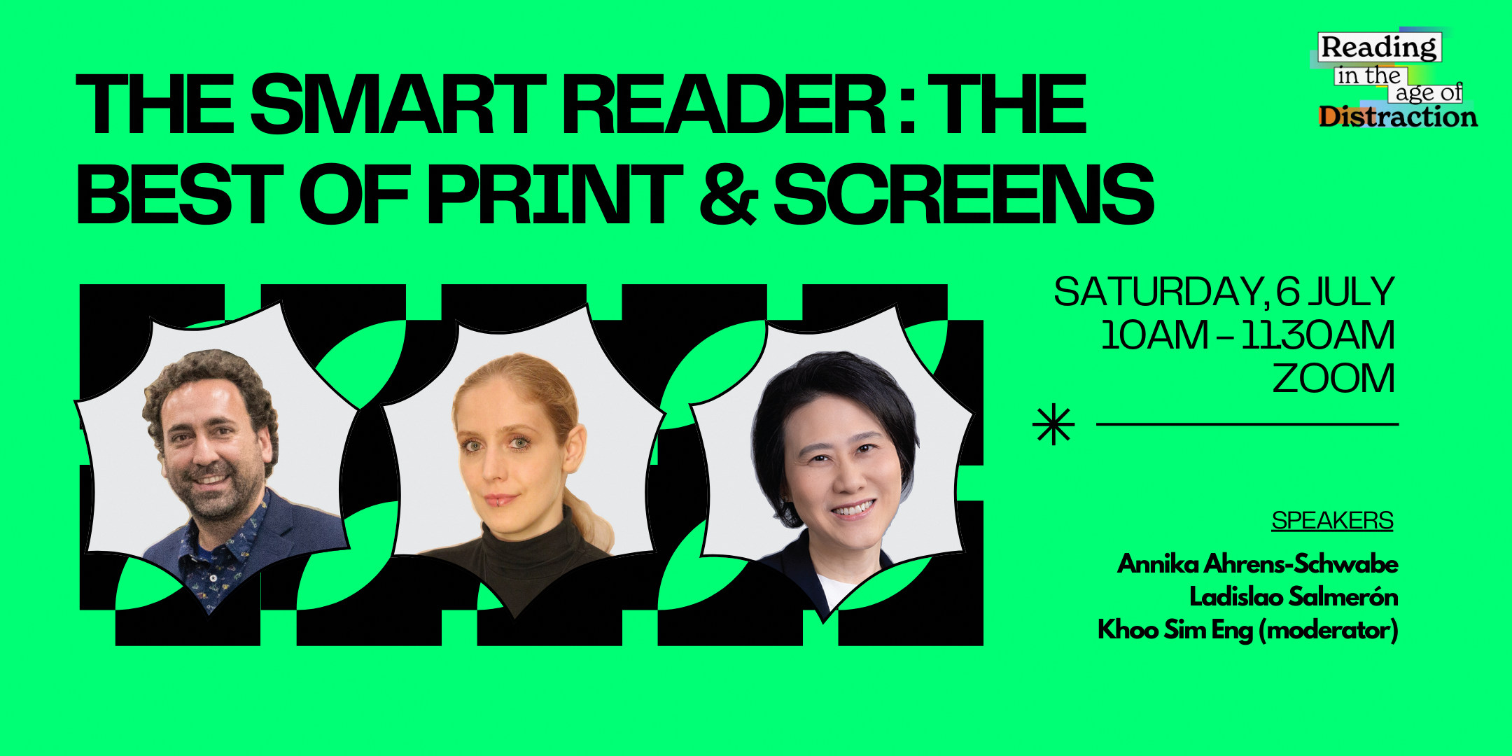 Green event banner for a Zoom talk on Saturday 6 July featuring three speakers' portrait photos.