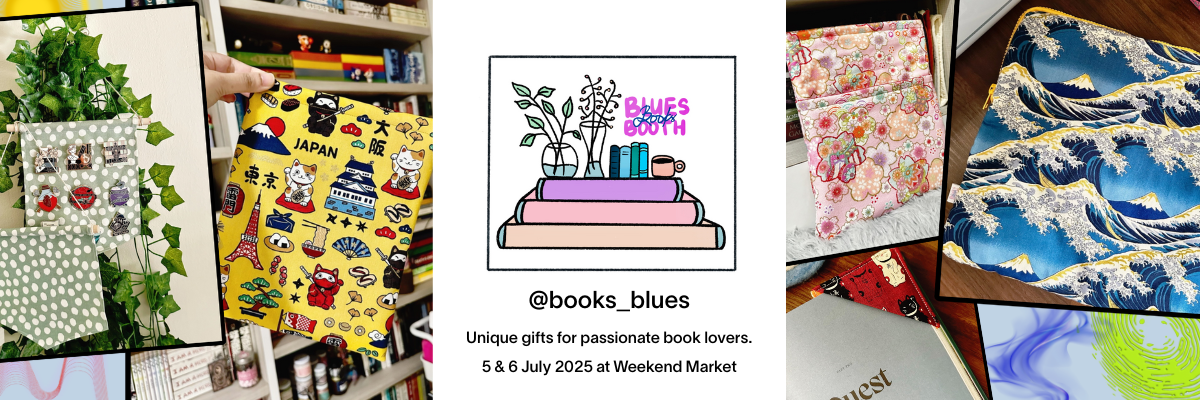 Banner for Blues Booth books_blues showing Japan-themed tote, stacked books logo, and wave-patterned notebooks.