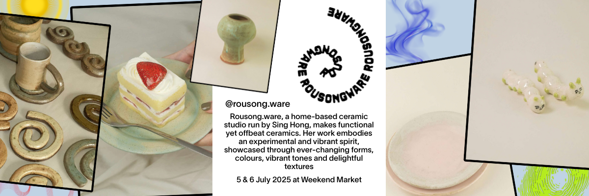 Promotional banner for Rousong.ware ceramics studio featuring handmade pottery, a cake, and small figurines with event details.