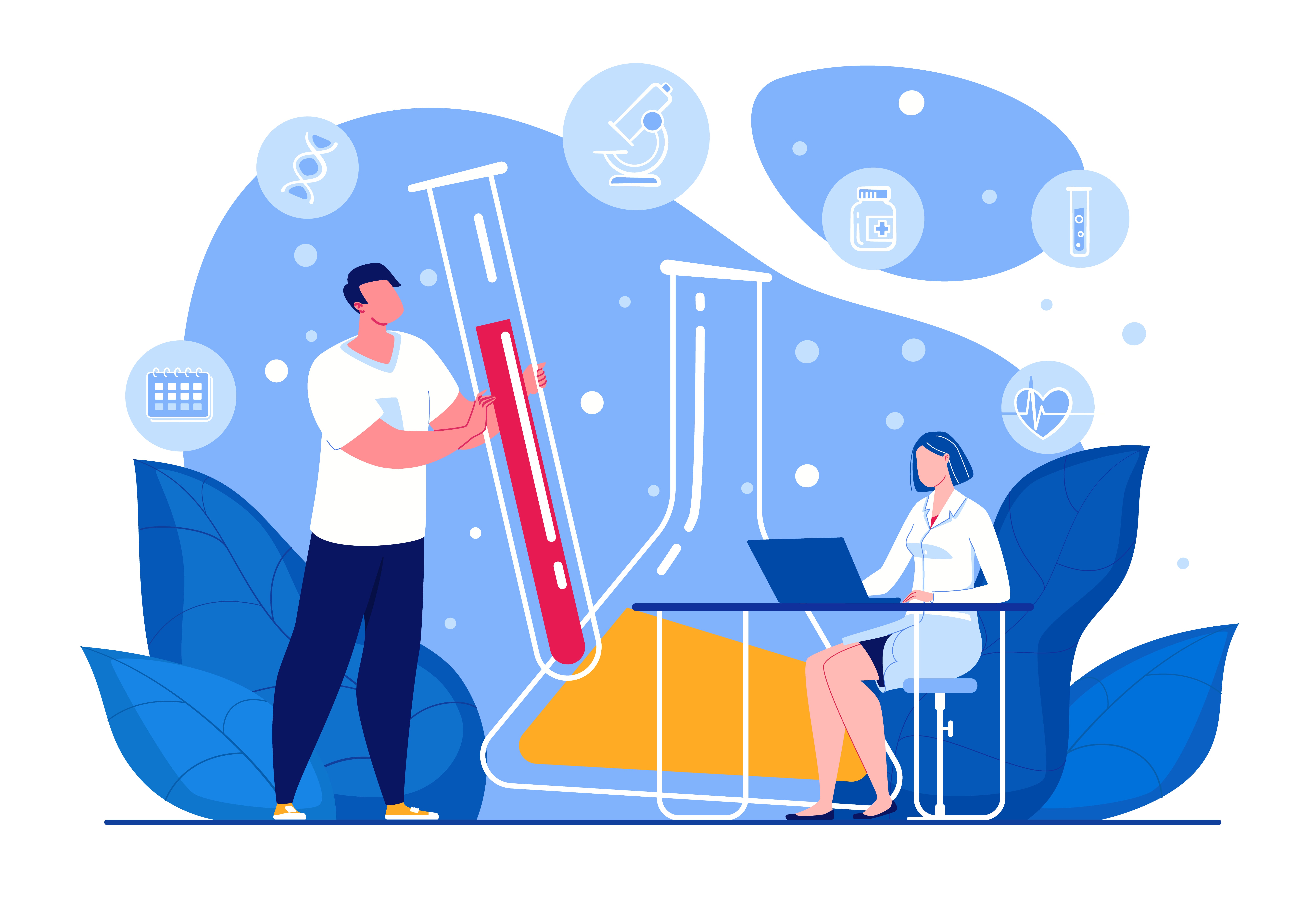 Two illustrated figures with oversized lab equipment, medical icons like DNA, microscope, and heart rate surrounding them.