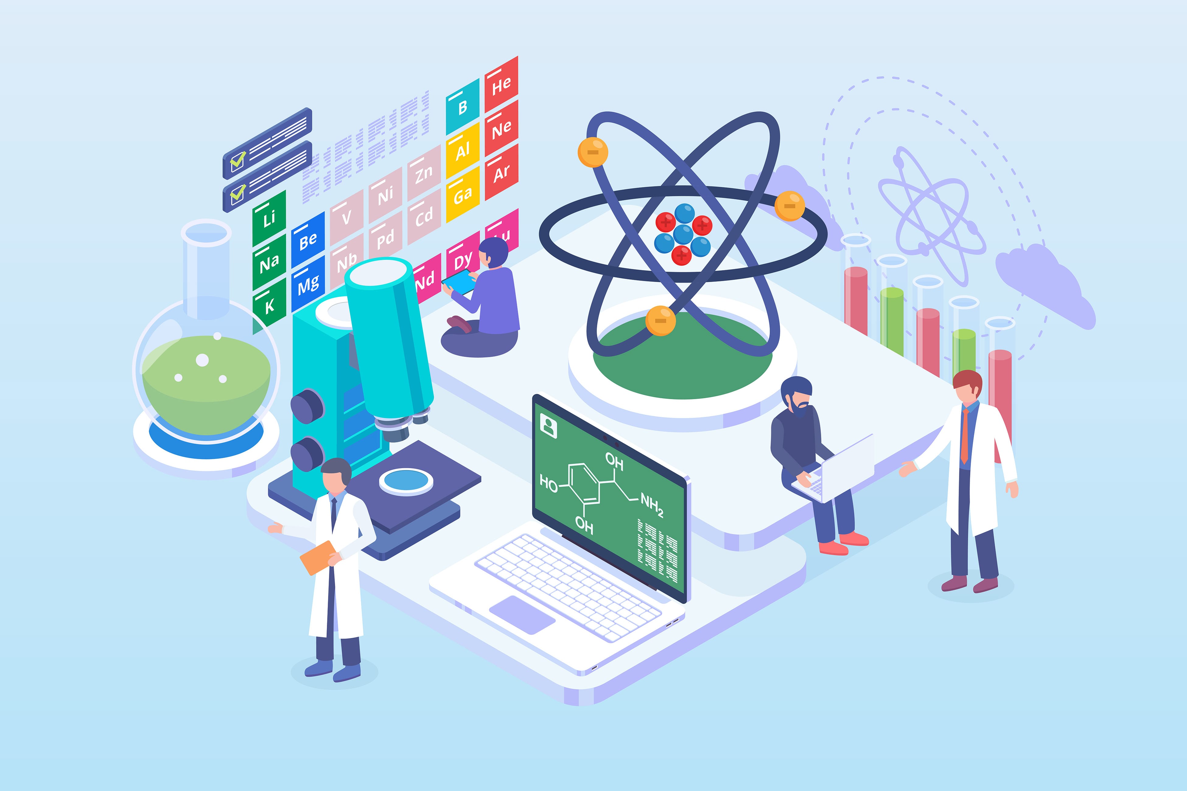 Illustrated scientists work around a lab with an atom model, periodic table, microscope, flask, and laptop showing a chemical structure.