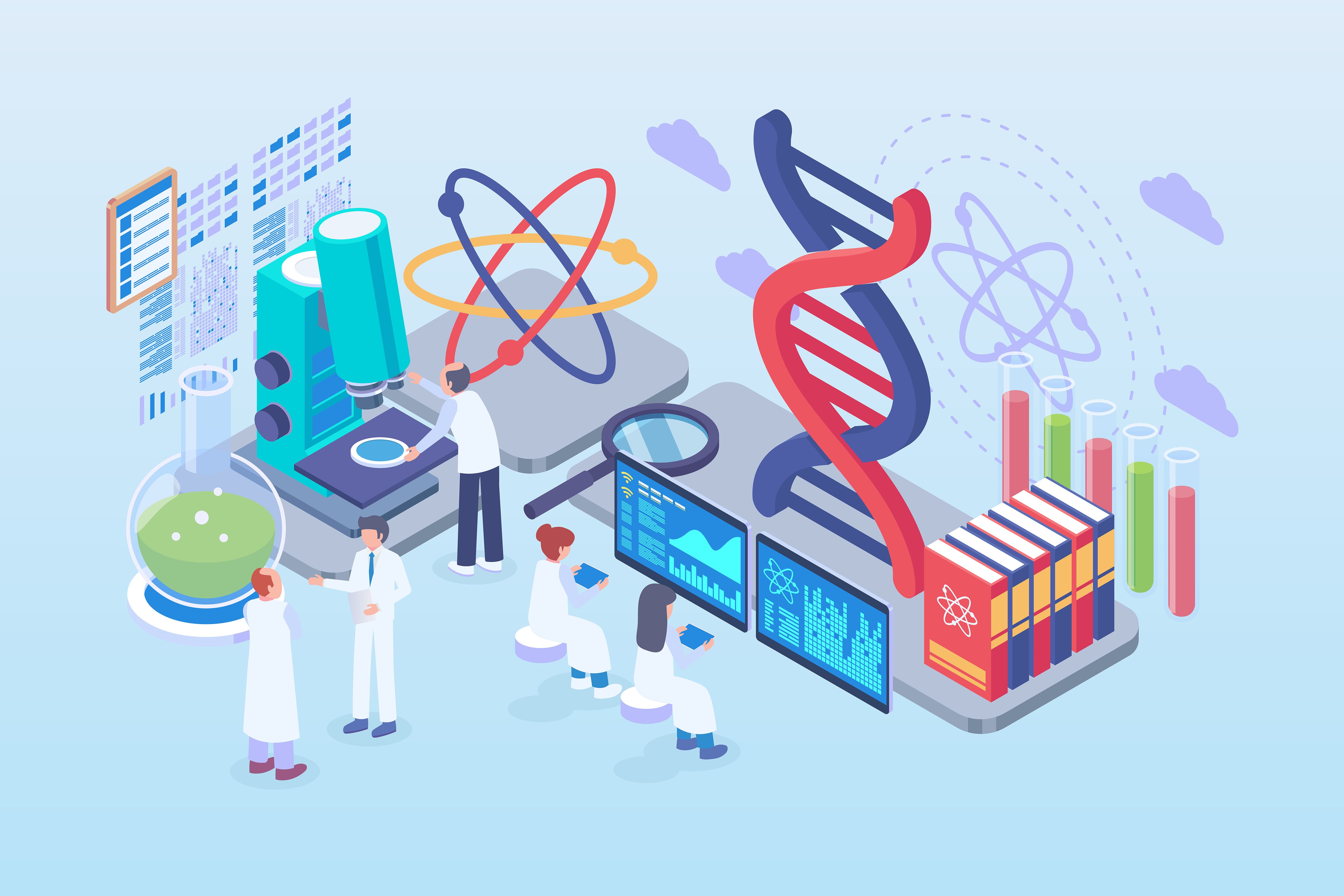 Illustrated scientists in lab coats work near a microscope, DNA helix, atom models, data screens, books, and test tubes.