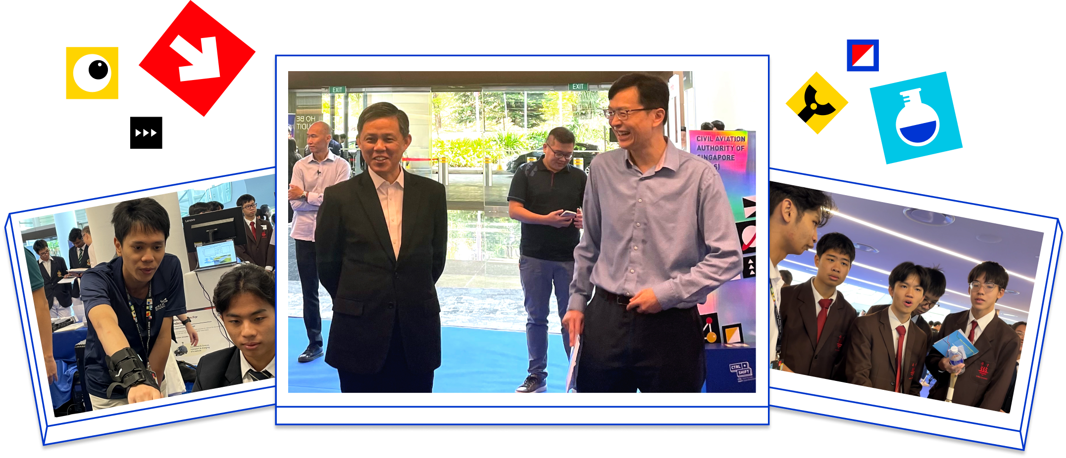 Three photos show two men talking at an event, students at computers, and youths in school uniforms.