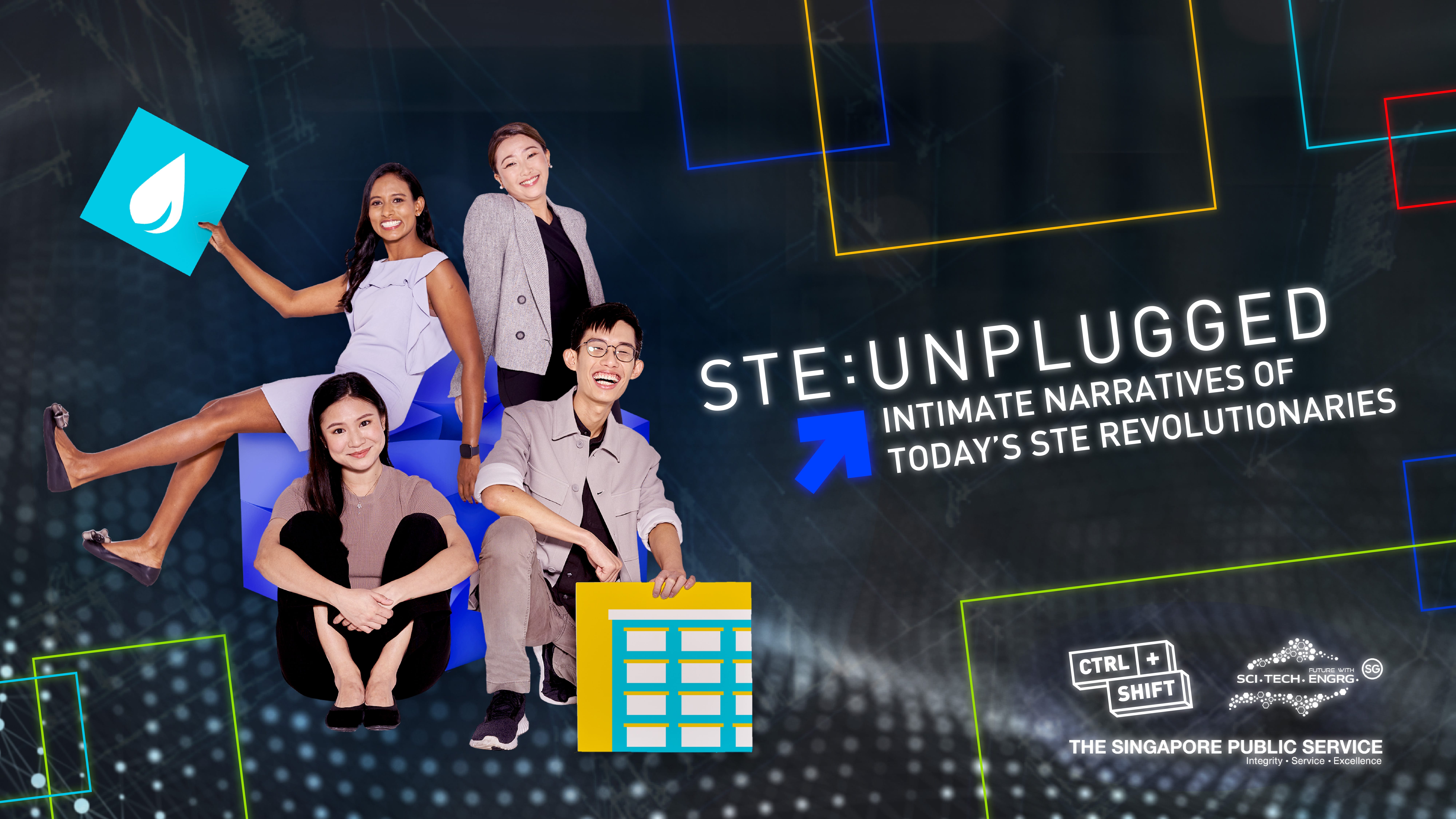 Poster with four people on blue blocks and text STE:UNPLUGGED, with neon squares on dark background.