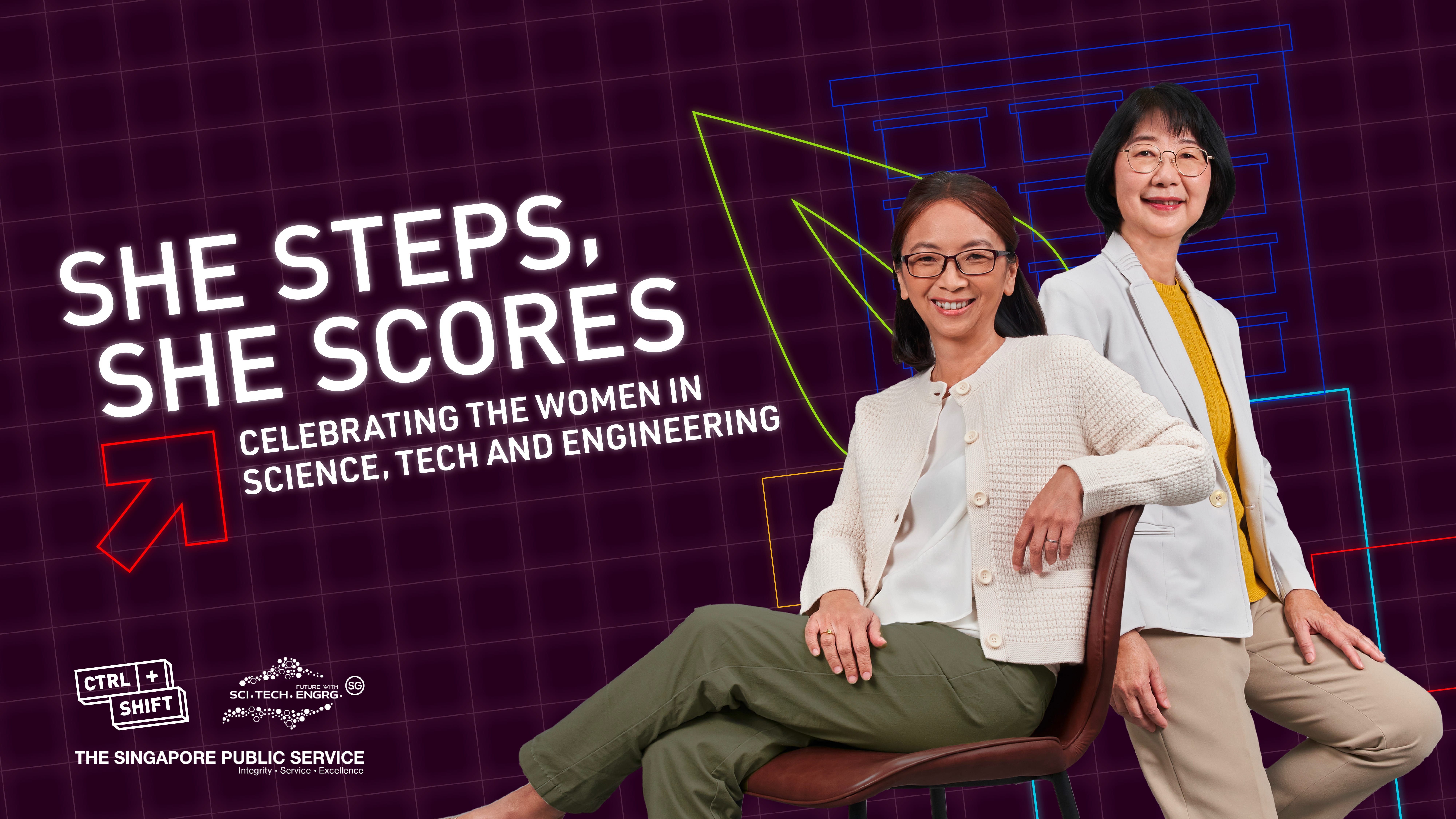 SHE STEPS, SHE SCORES. Celebrating the women in science, tech and engineering.