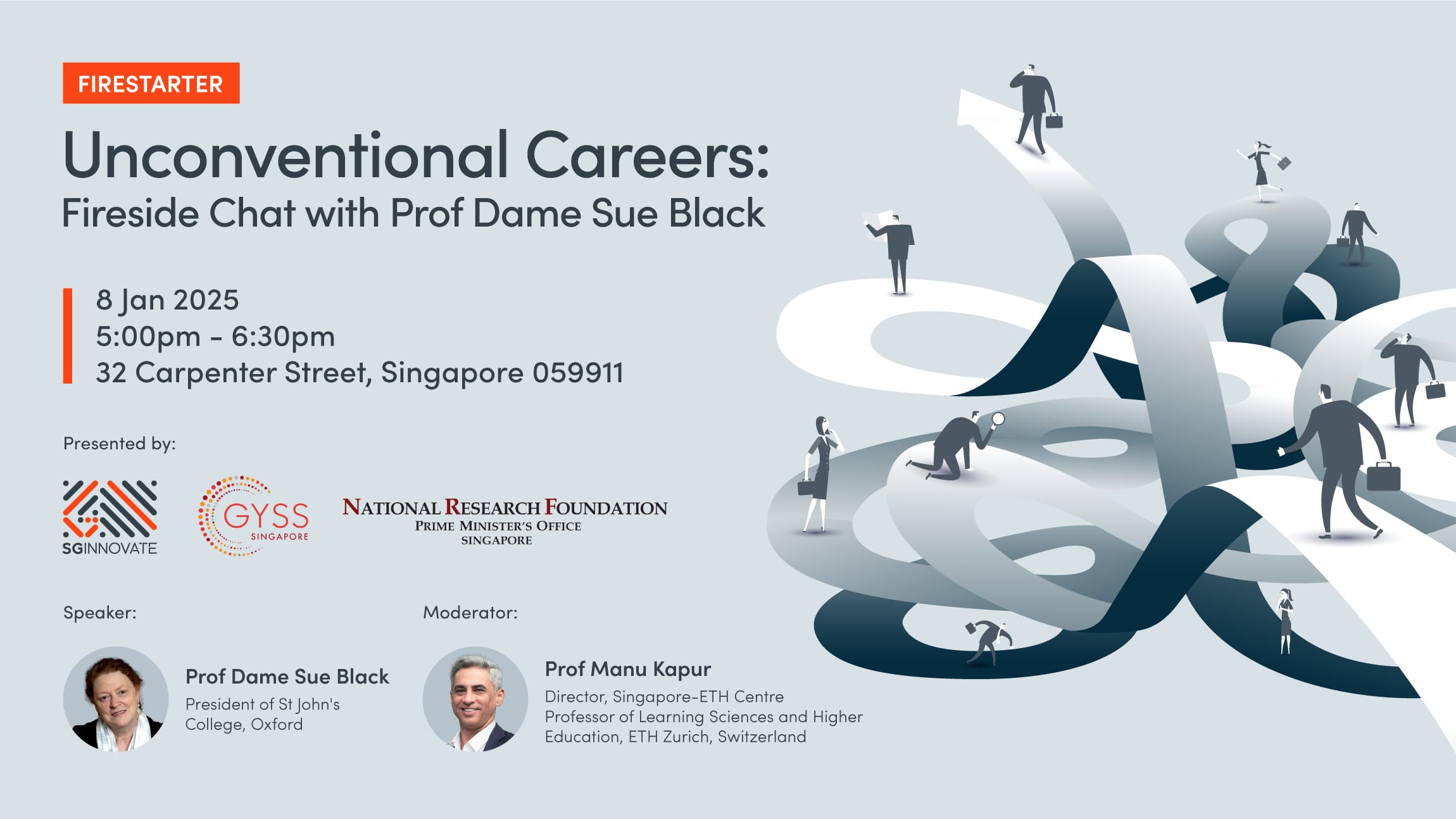 Firestarter event flyer for Unconventional Careers fireside chat on 8 Jan 2025 in Singapore.