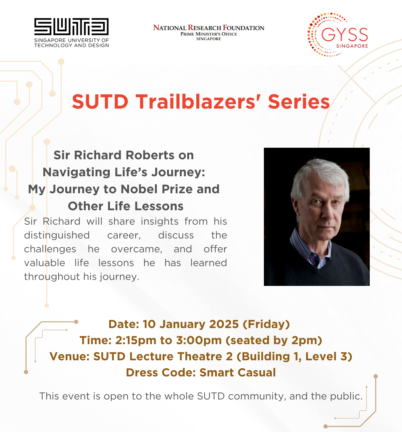 Flyer for SUTD Trailblazers Series featuring Sir Richard Roberts, with event details on January 10, 2025.