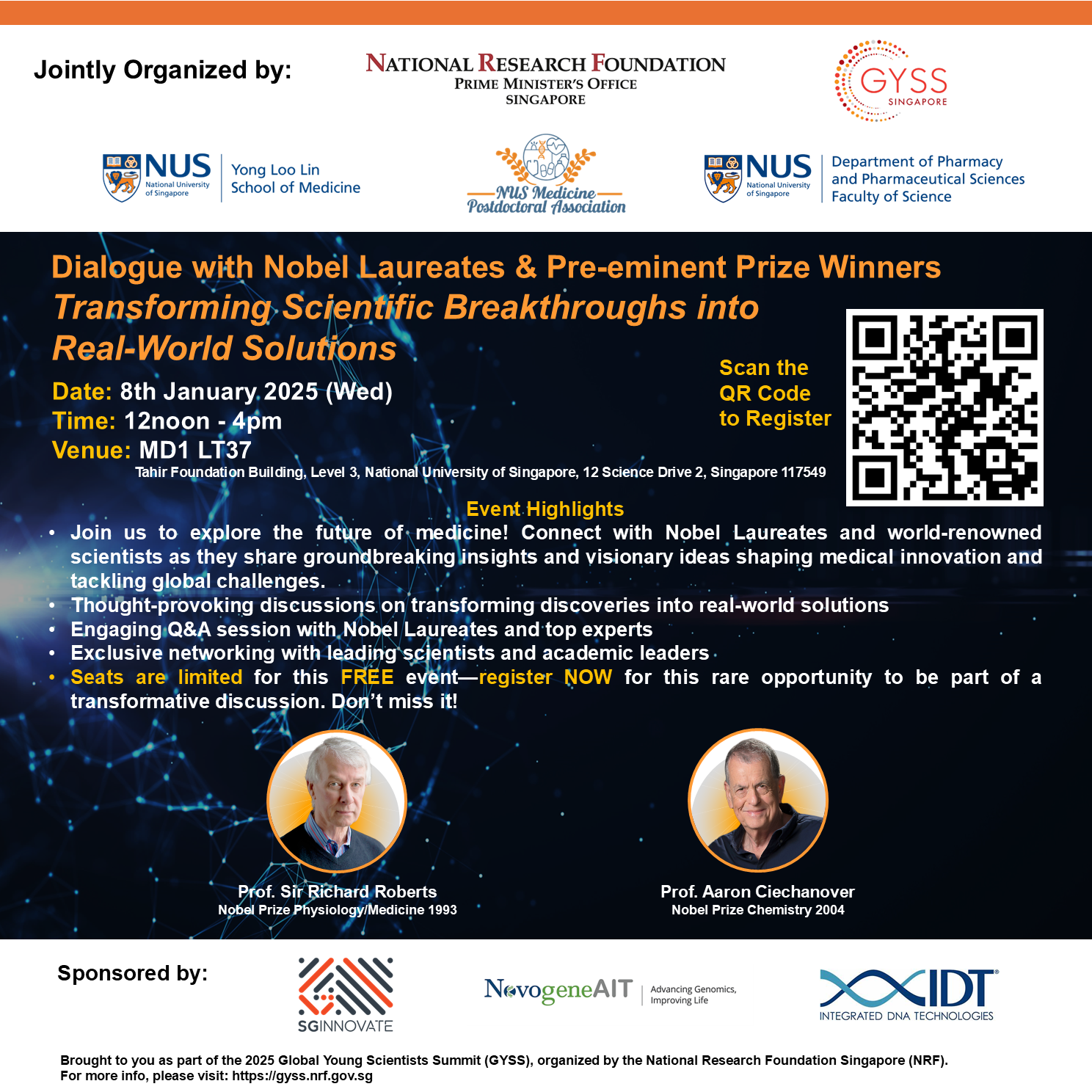 Flyer for a Jan 8 2025 NUS event featuring Nobel Laureates Roberts and Ciechanover with QR code to register.