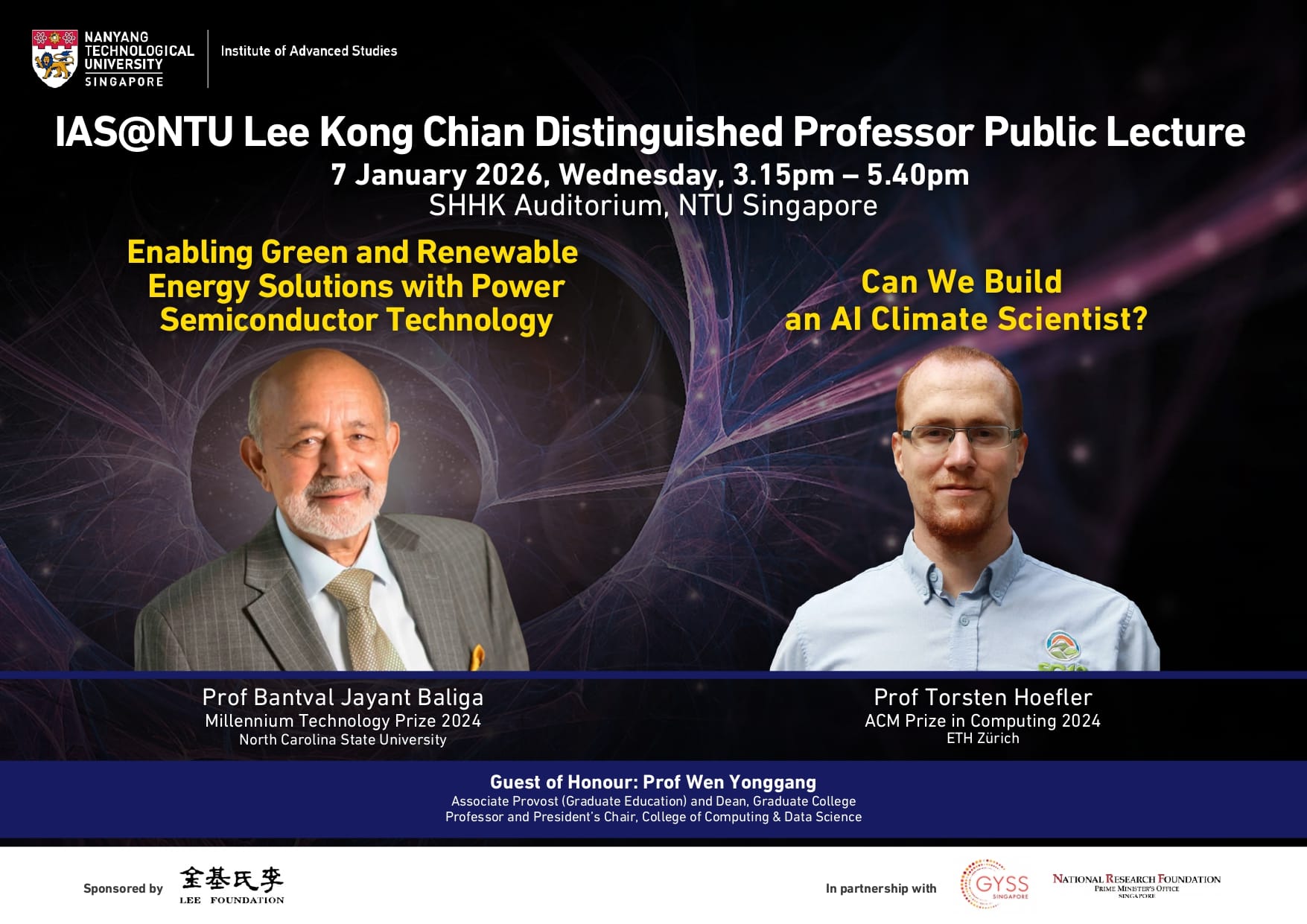 NTU public lecture poster featuring photos of Prof Bantval Jayant Baliga and Prof Torsten Hoefler on a dark background.