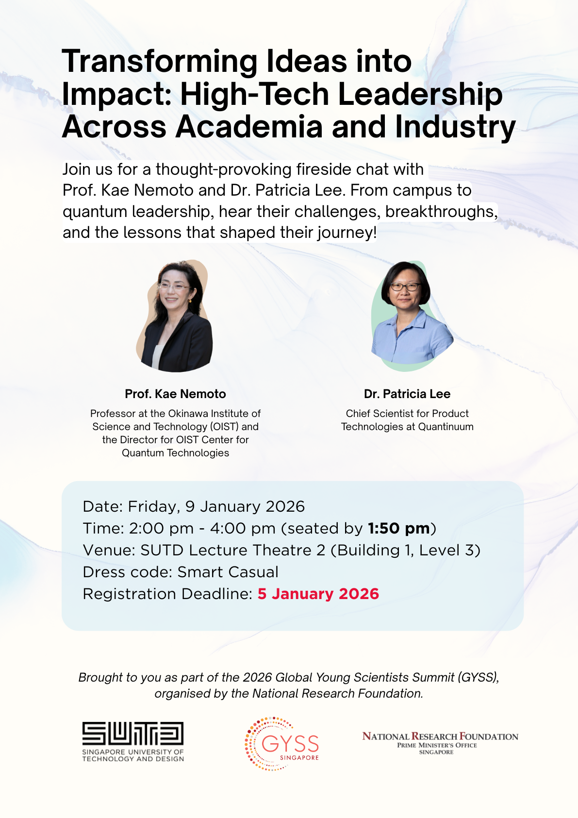 Event flyer for a fireside chat on high-tech leadership featuring photos of Prof. Kae Nemoto and Dr. Patricia Lee.