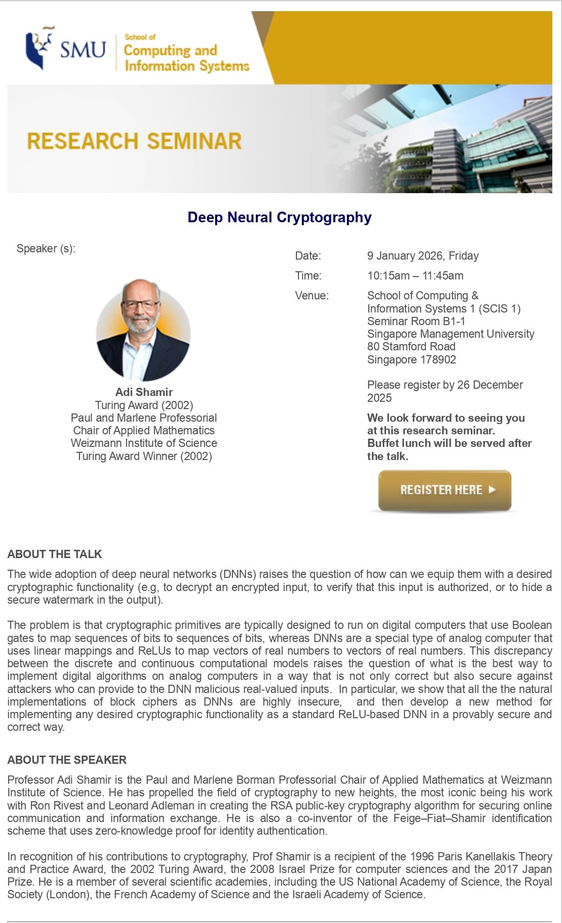 SMU research seminar flyer for Adi Shamir's talk on Deep Neural Cryptography on 9 January 2026.