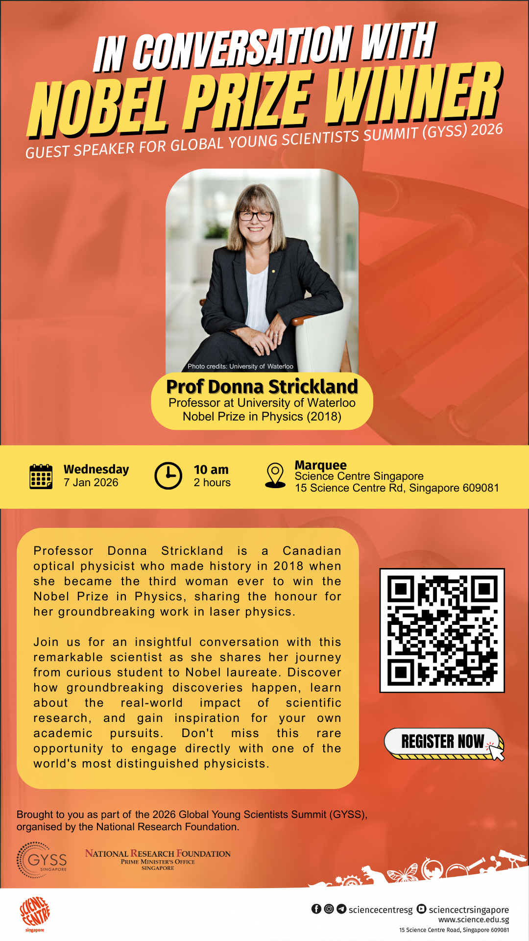 Event flyer for Prof Donna Strickland, Nobel Prize physicist, speaking at GYSS 2026 on Jan 7 at Science Centre Singapore.