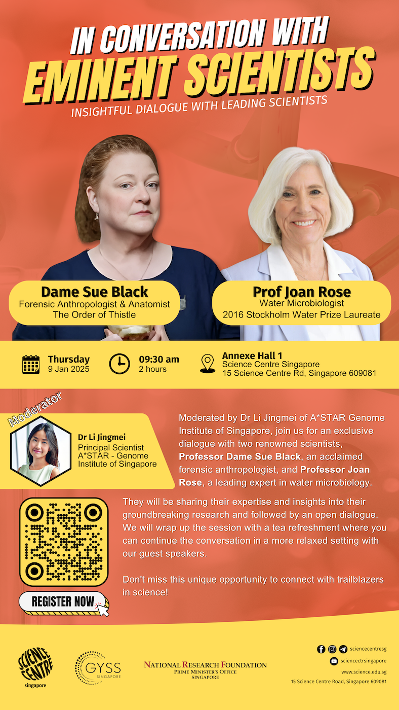 Event flyer for In Conversation with Eminent Scientists featuring Dame Sue Black and Prof Joan Rose on 9 Jan 2025.
