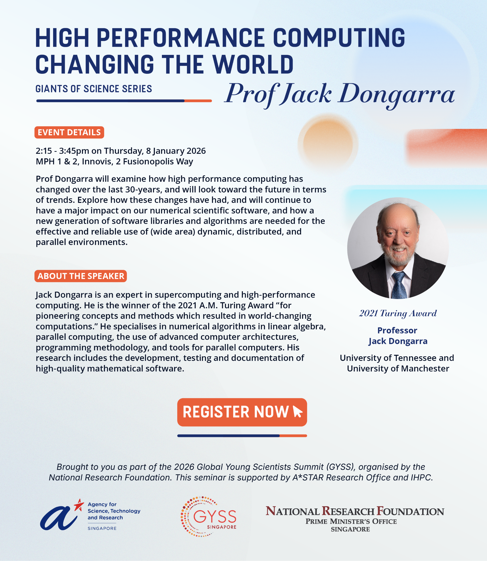 Poster for High Performance Computing Changing the World talk by Prof Jack Dongarra with register button and portrait