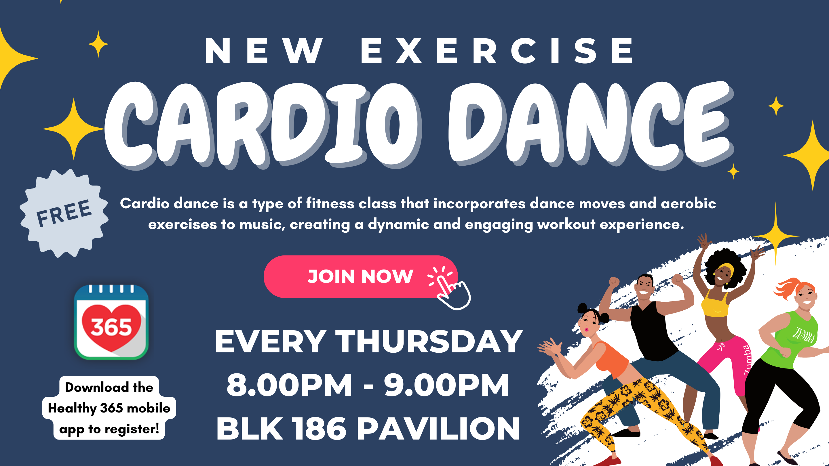 Flyer for a free cardio dance class every Thursday 8-9PM at Blk 186 Pavilion, with three illustrated women dancing.