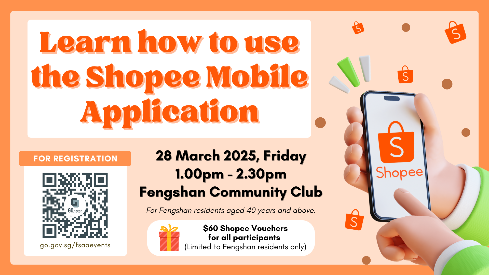 Flyer for a Shopee app workshop on 28 March 2025 at Fengshan Community Club, with QR code and phone graphic.