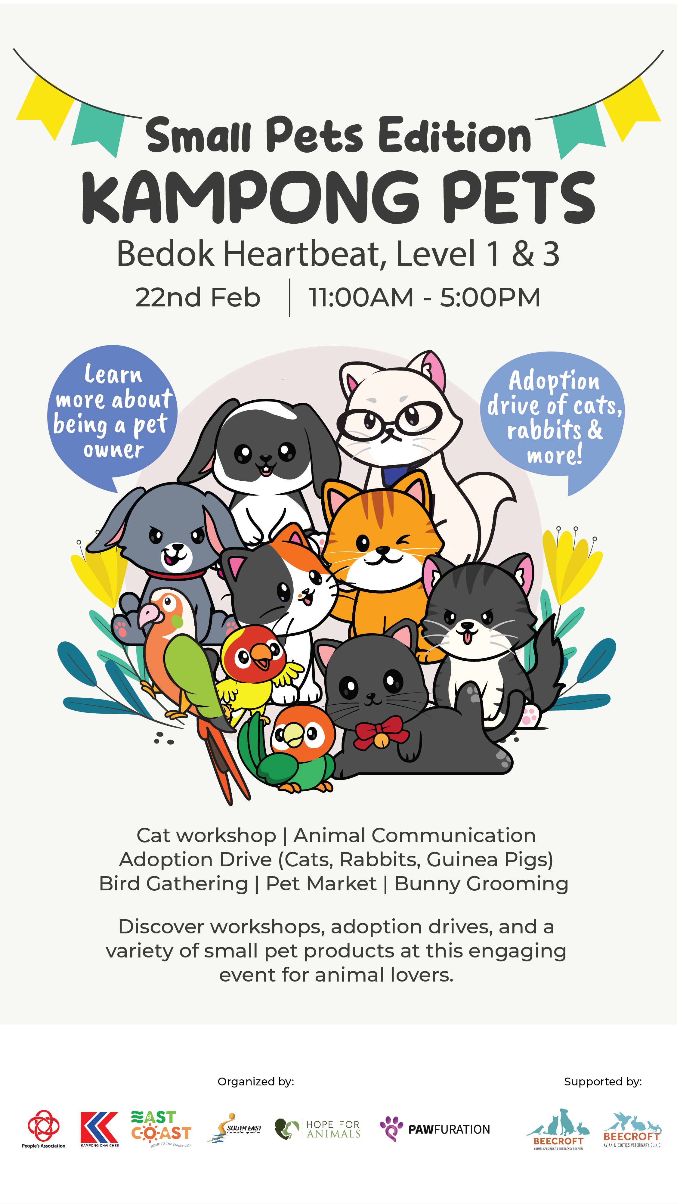 Flyer for Kampong Pets Small Pets Edition event on 22nd Feb at Bedok Heartbeat, featuring cartoon animals.