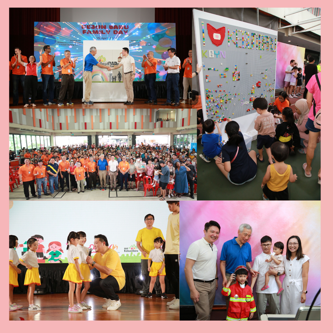 Four-photo collage of Kebun Baru Family Day event showing a stage ceremony, group photo, kids performing, and families posing.