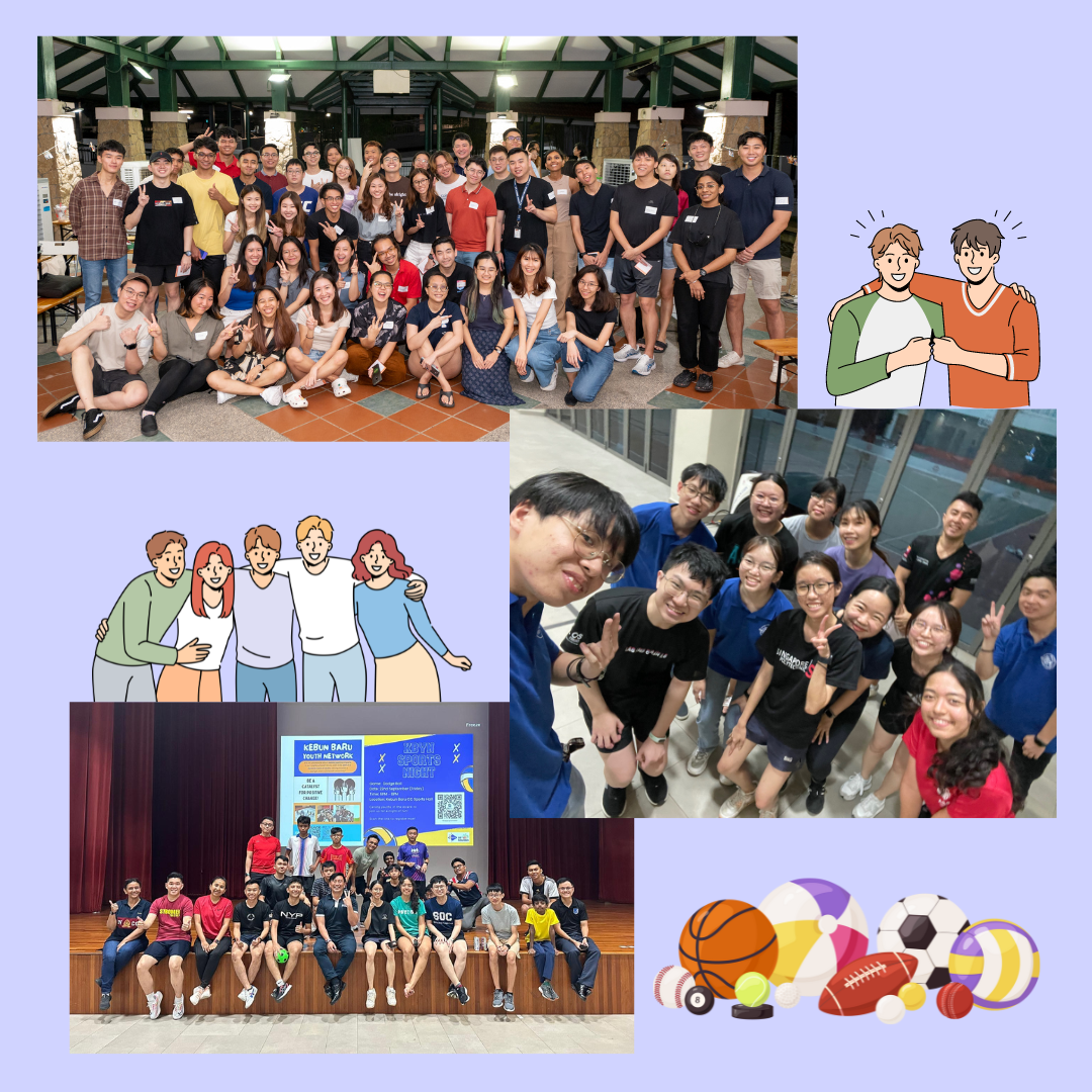 Collage of youth group photos at events, with cartoon friend illustrations and sports ball clipart on a purple background.