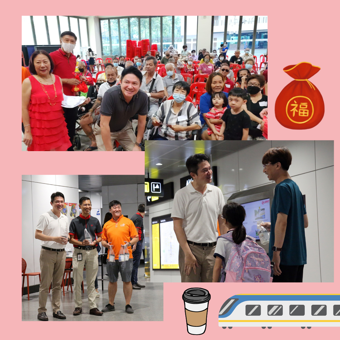 Three photos show community gatherings with people smiling, posing, and chatting, with festive red bag and train clip art.