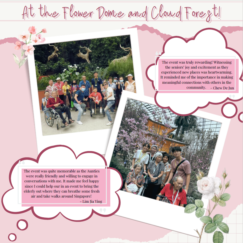 Scrapbook page titled "At the Flower Dome and Cloud Forest" with two group photos of seniors and volunteers outdoors.