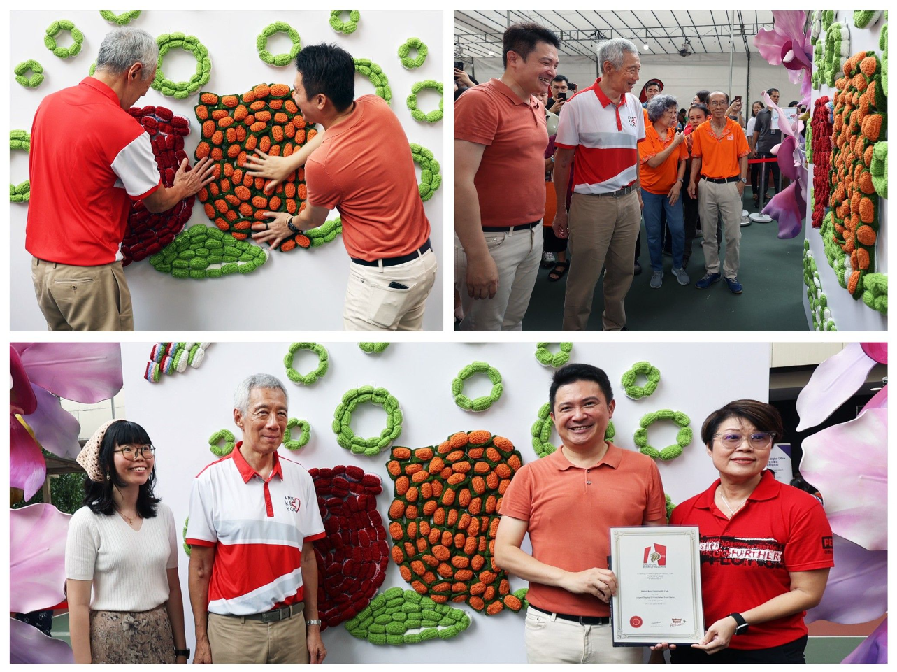 Three photos show people posing with and touching a large colorful knitted wall art of orange, green, and red shapes.