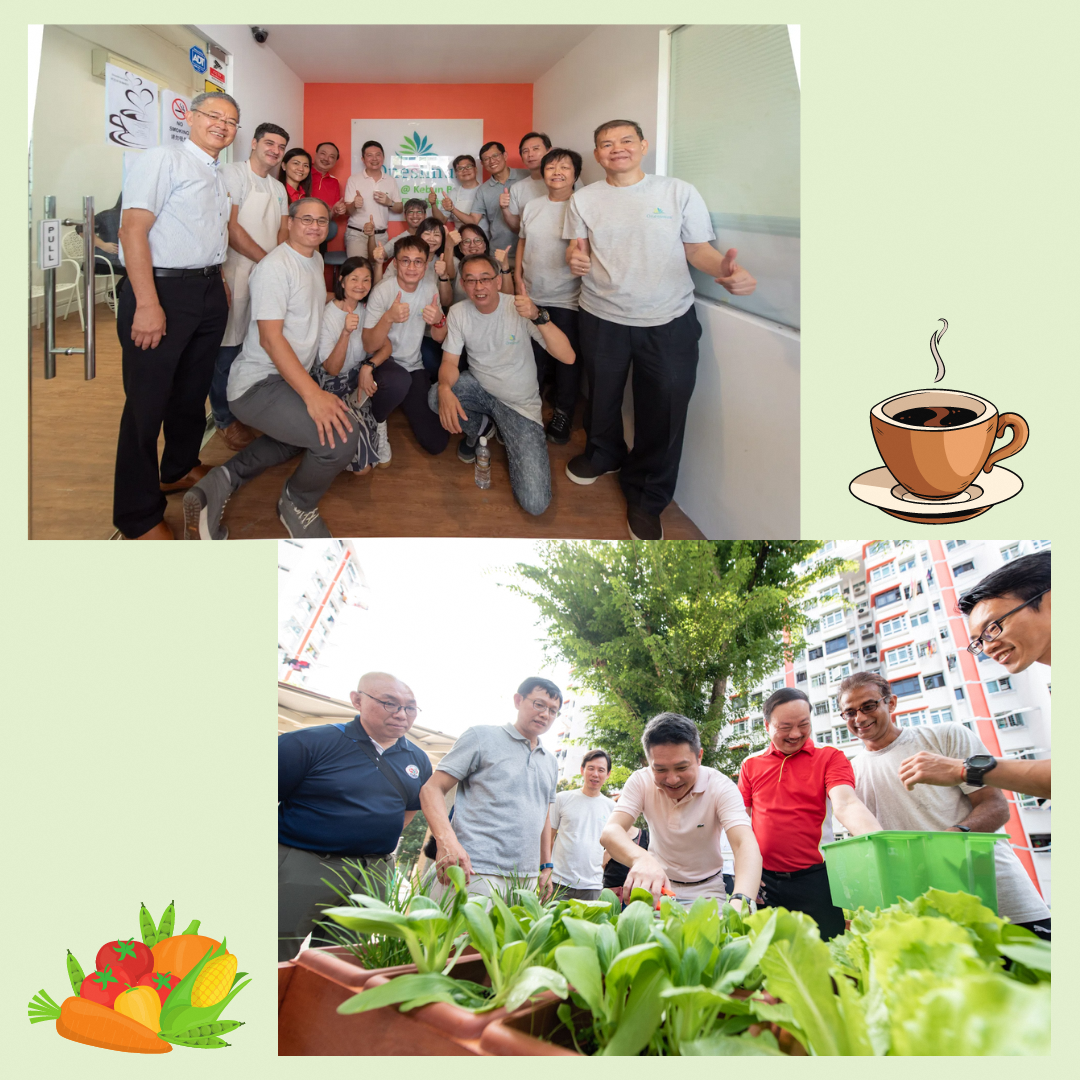 Two photos: a group giving thumbs up indoors, and people examining leafy vegetables in outdoor garden beds near apartment blocks.