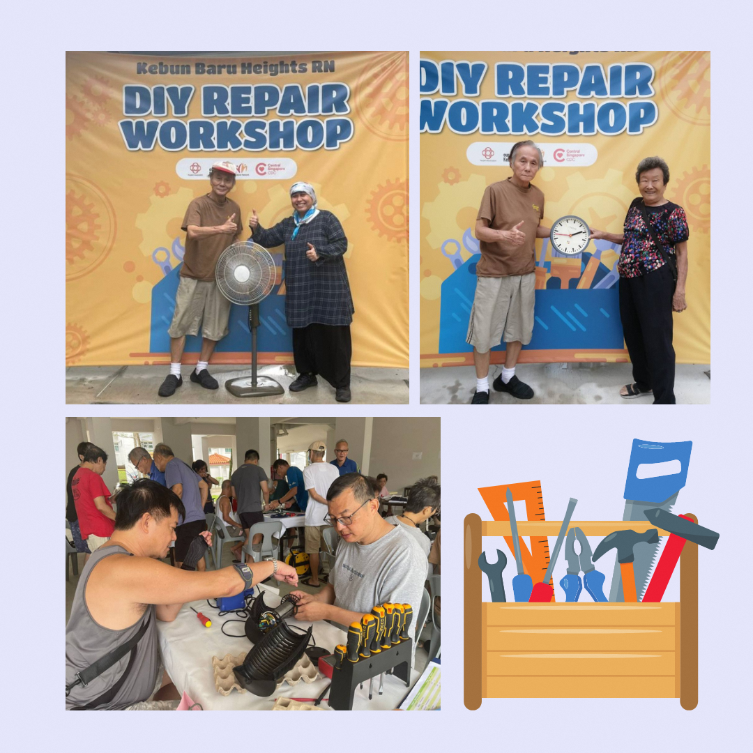Four photos from a Kebun Baru Heights DIY Repair Workshop showing participants posing with repaired items and working on electronics.