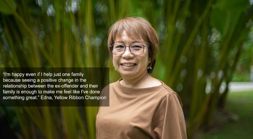 A smiling woman with glasses and short brown hair in a tan top, standing before green bamboo, with an Edna quote overlay.