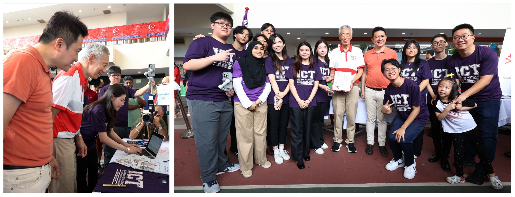 Two men in casual wear interact with ICT students in purple shirts at a Singapore event, posing for a group photo.