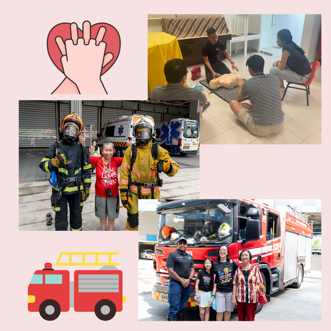 Collage of a CPR training session, people posing with firefighters, and a group in front of a red fire truck.