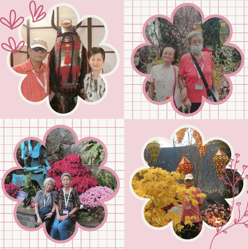 Four flower-shaped photos of elderly people posing outdoors with colorful flowers and decorative displays.