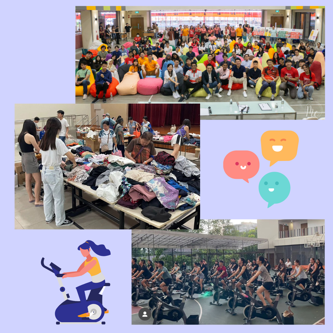 Collage of a large group photo, a clothing swap event, a spin class, and cartoon chat bubble icons.
