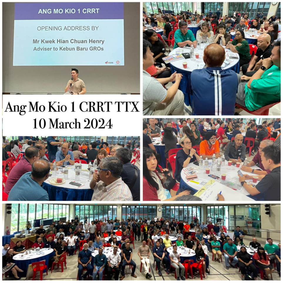 Collage of Ang Mo Kio 1 CRRT TTX event on 10 March 2024, showing a speaker and large groups at tables.