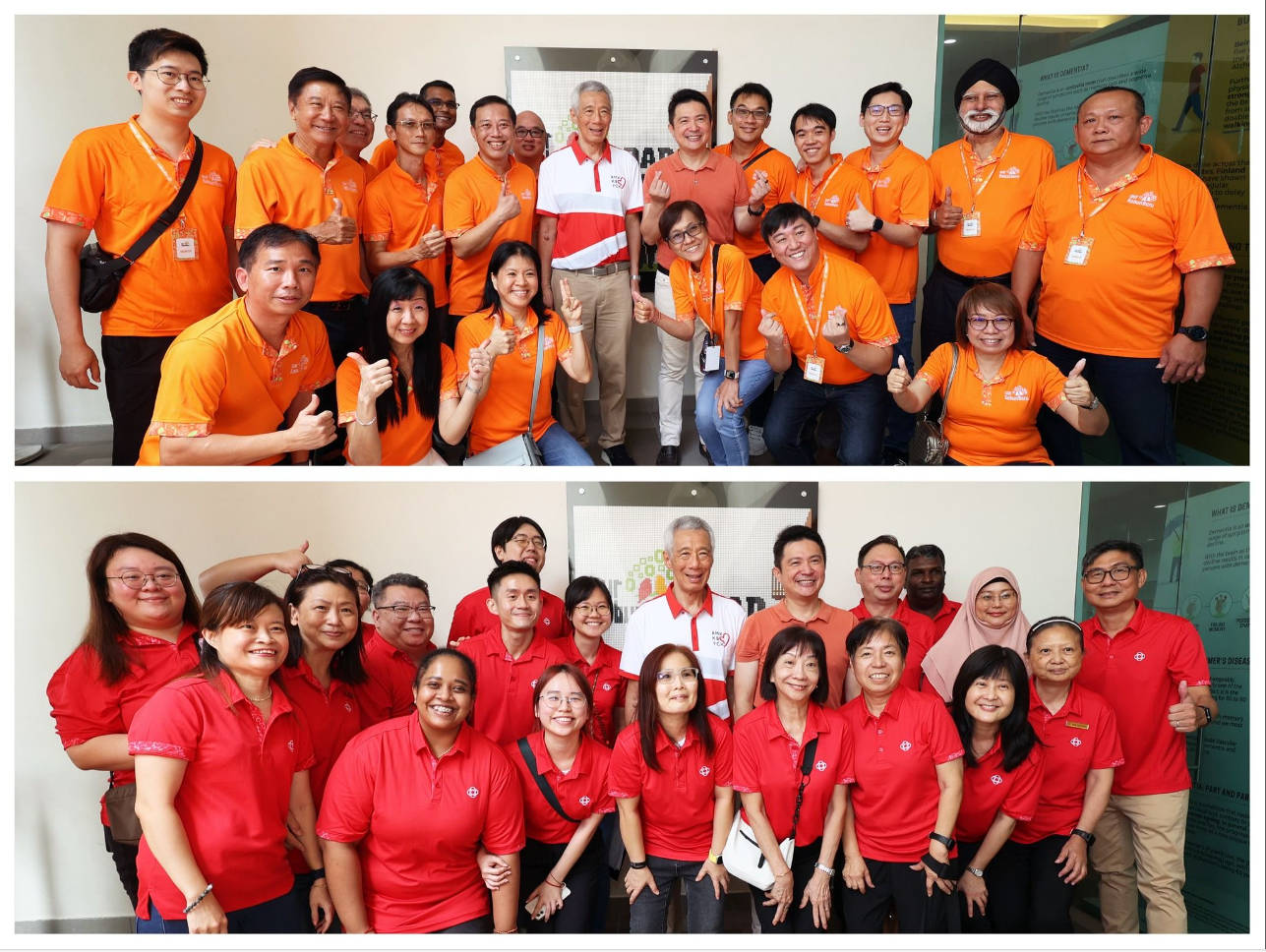 Two group photos: top shows people in orange shirts, bottom shows people in red shirts, all smiling indoors.