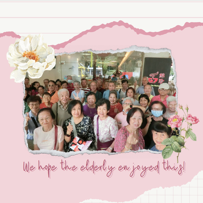 A large group of elderly people posing together outside a restaurant, with text reading "We hope the elderly enjoyed this!"