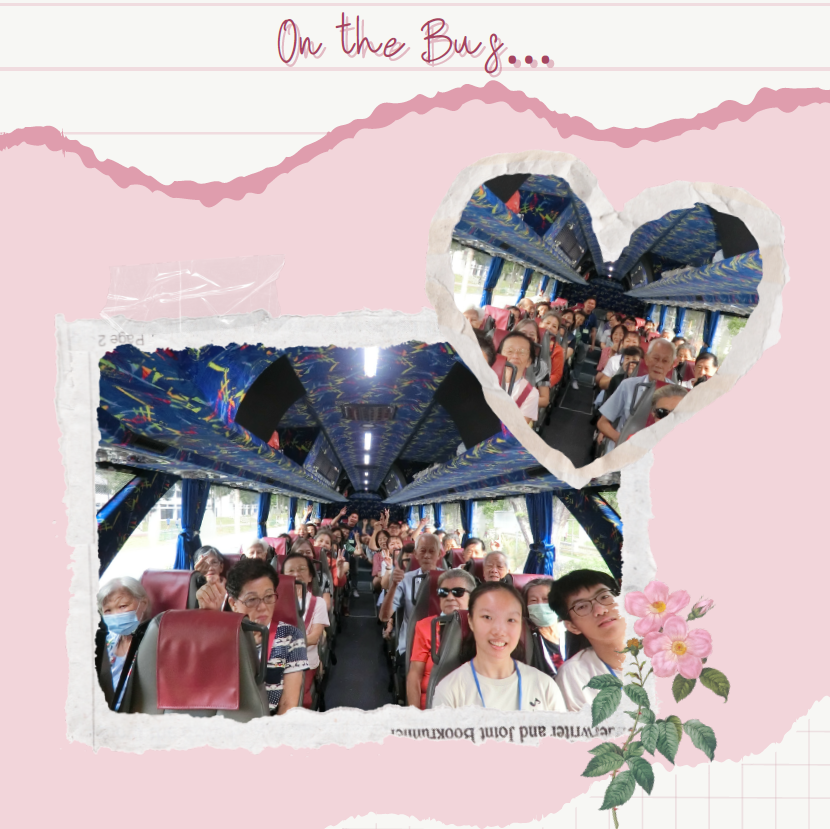 A group of people seated inside a bus, shown in two photos with text reading On the Bus on a pink background.