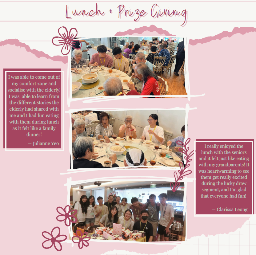 Pink scrapbook page titled Lunch and Prize Giving with three photos of youth and elderly dining together and two quotes.