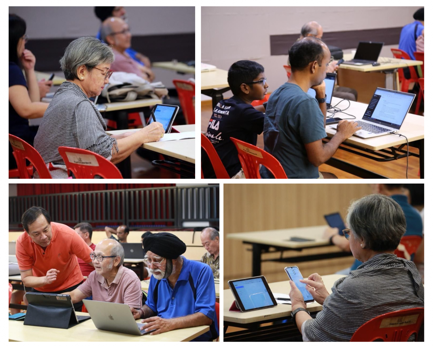 Four photos of people of various ages using laptops, tablets, and phones at desks in a classroom setting.