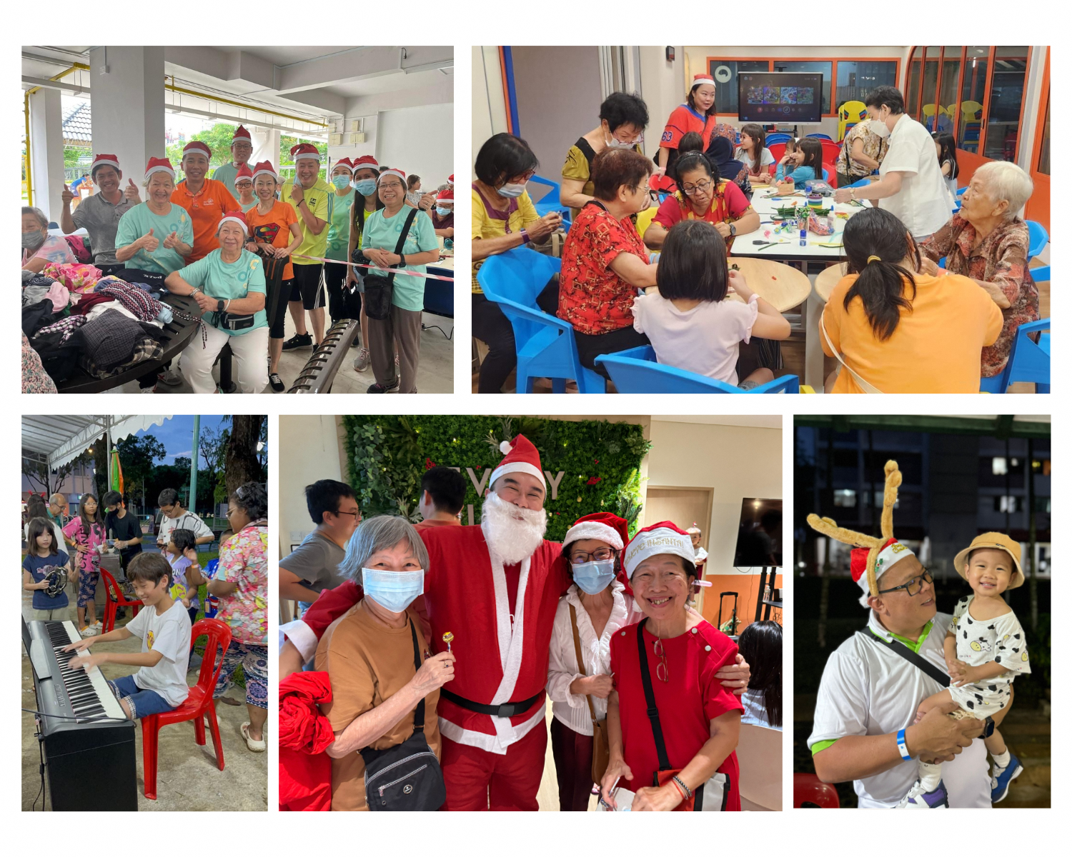 Five photos of a Christmas community event with elderly adults and children wearing Santa hats, crafting, playing piano, and posing together.