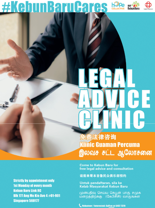 Flyer for a free Legal Advice Clinic at Kebun Baru, held the 1st Monday of each month, by appointment only.