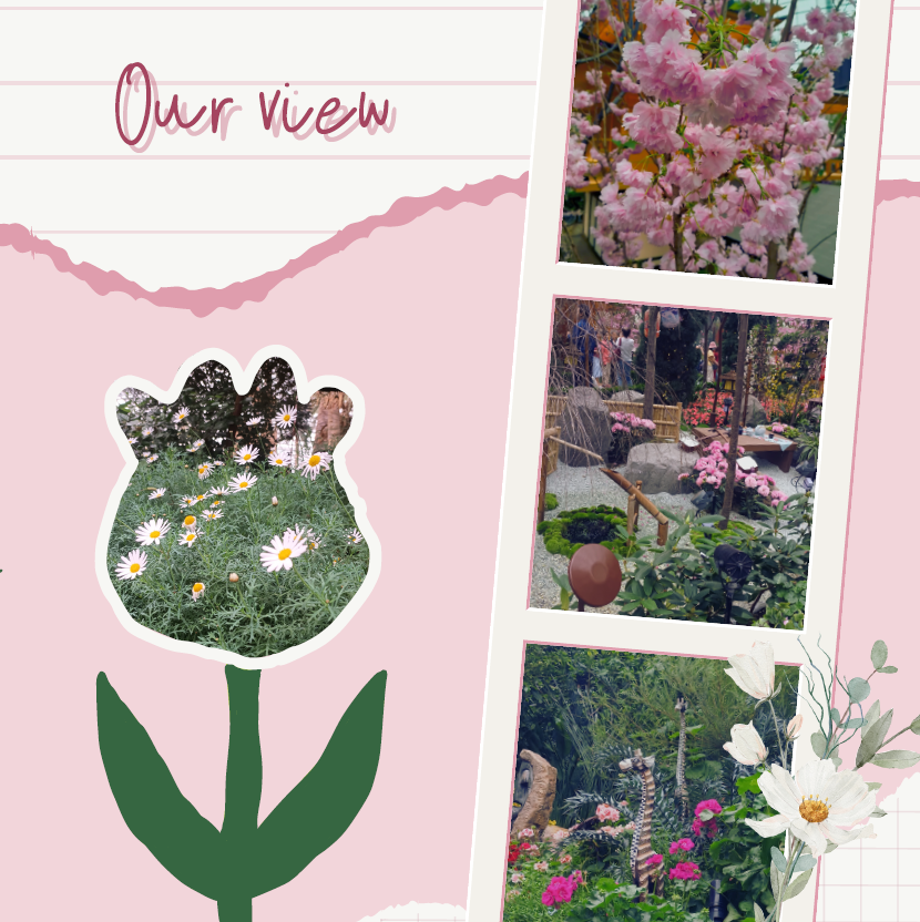Pink garden collage with text "Our view," showing cherry blossoms, a Japanese garden, and colorful flowers.