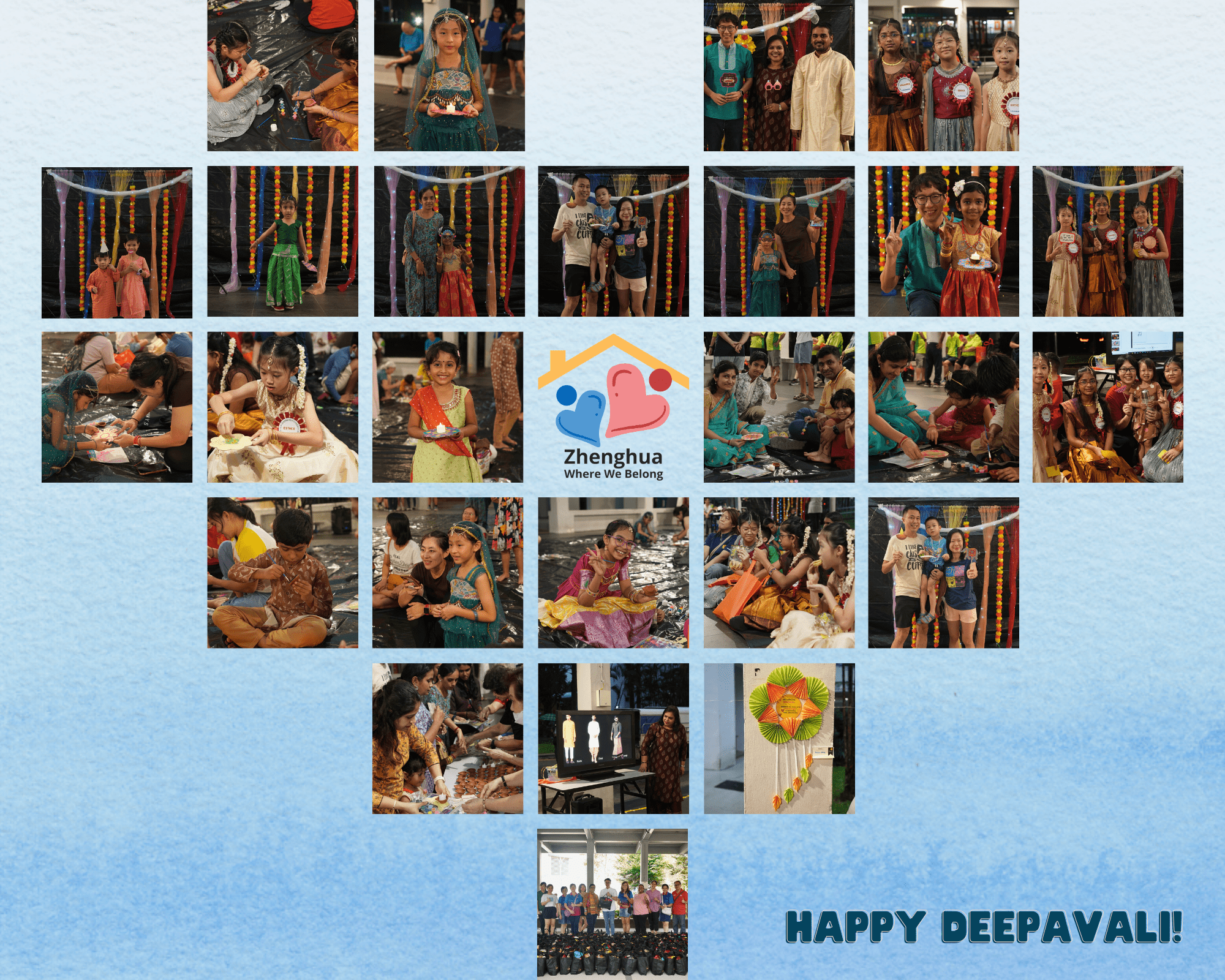 Children and families celebrate Deepavali at Zhenghua, featuring traditional costumes, rangoli activities, and colourful festive decorations.