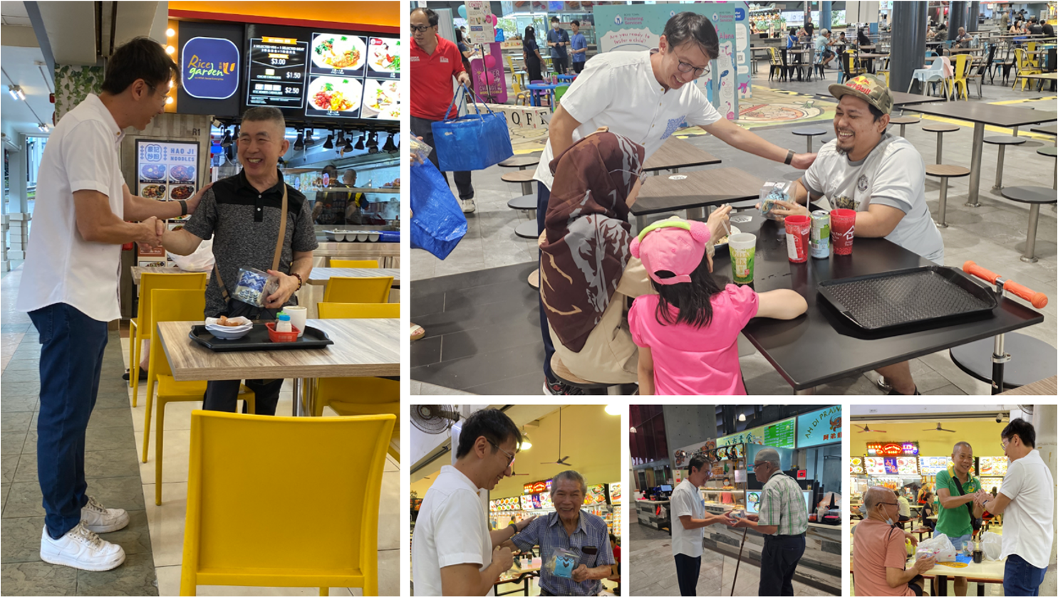Collage of people greeting and exchanging items at Singapore food courts and hawker centres.