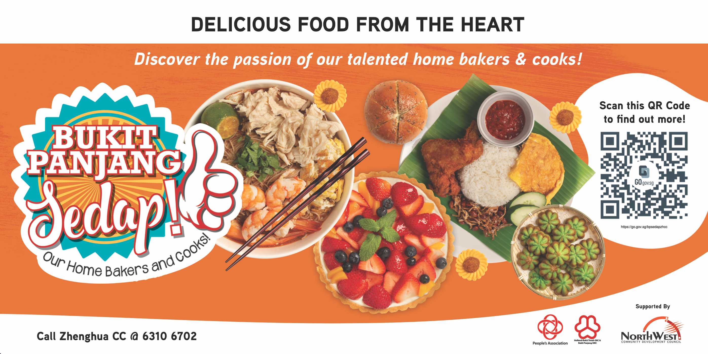 Orange banner for Bukit Panjang Sedap showing noodles, nasi lemak, fruit tart, and green kueh with a QR code. The QR code leads to the Bukit Panjang Sedap! Facebook Group.
