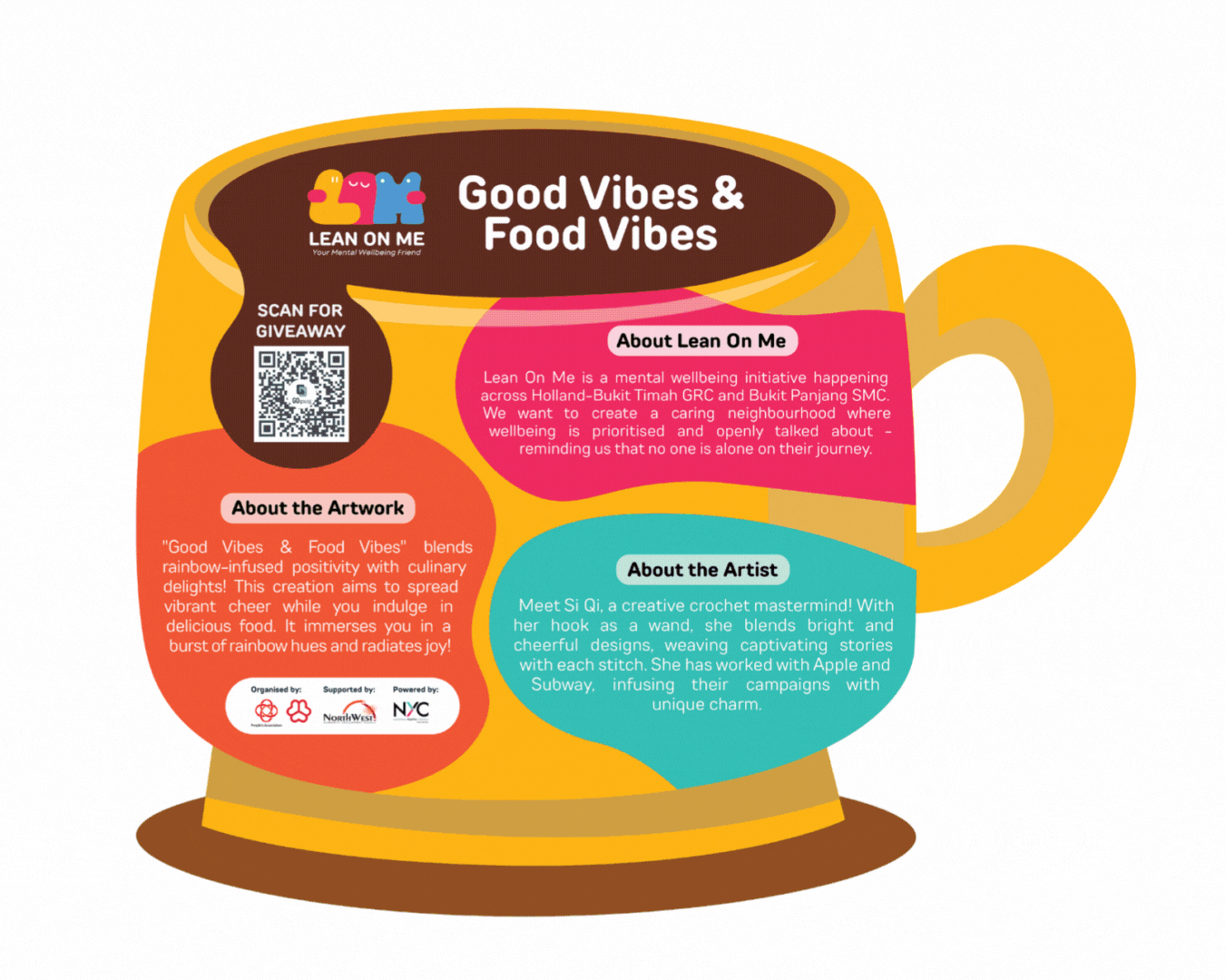 Colorful yellow mug-shaped flyer for Lean On Me's Good Vibes and Food Vibes event with a QR code.