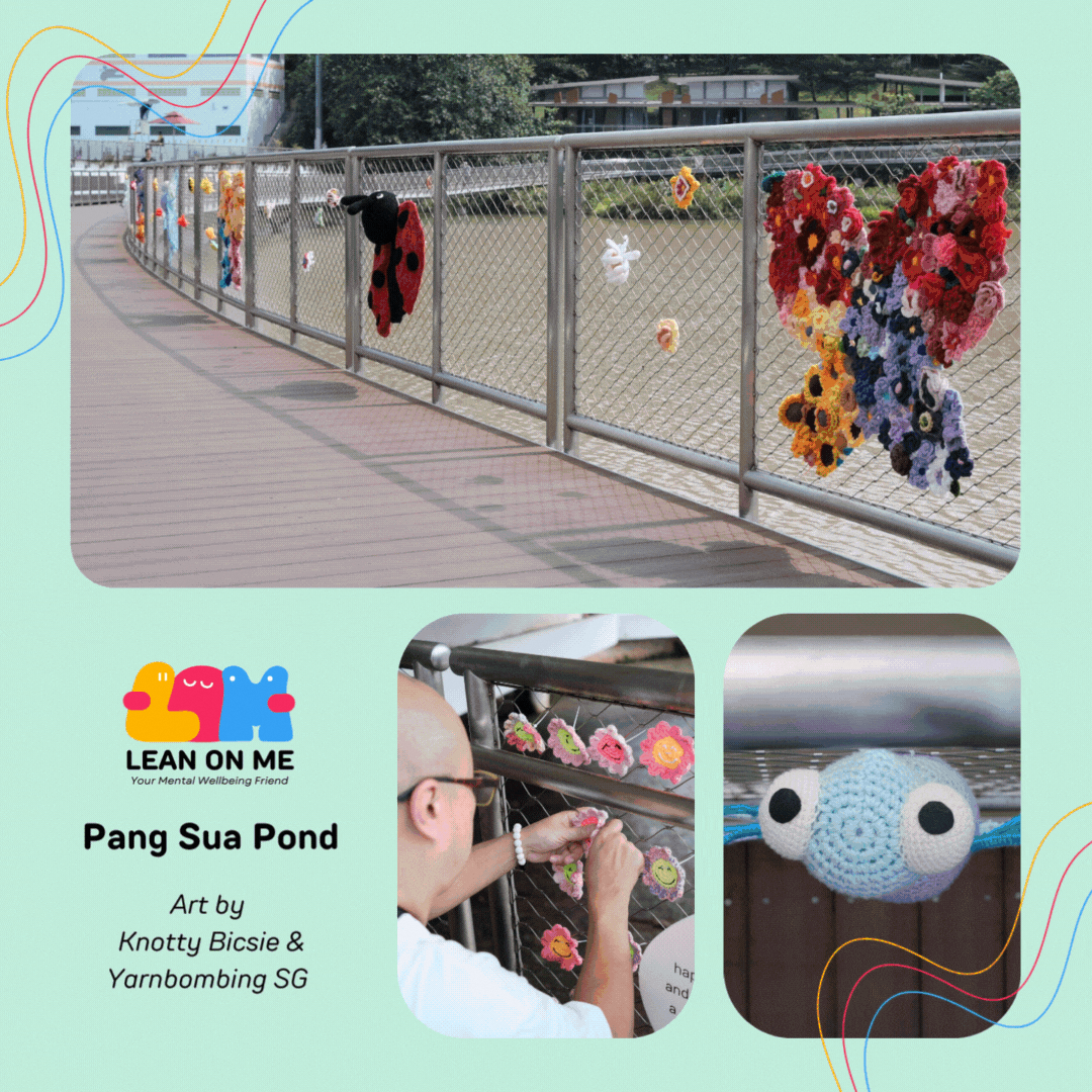 Colourful crochet flowers, animals and characters adorn Pang Sua Pond's railings, part of Lean On Me's yarnbombing installation by Knotty Bicsie & Yarnbombing SG.