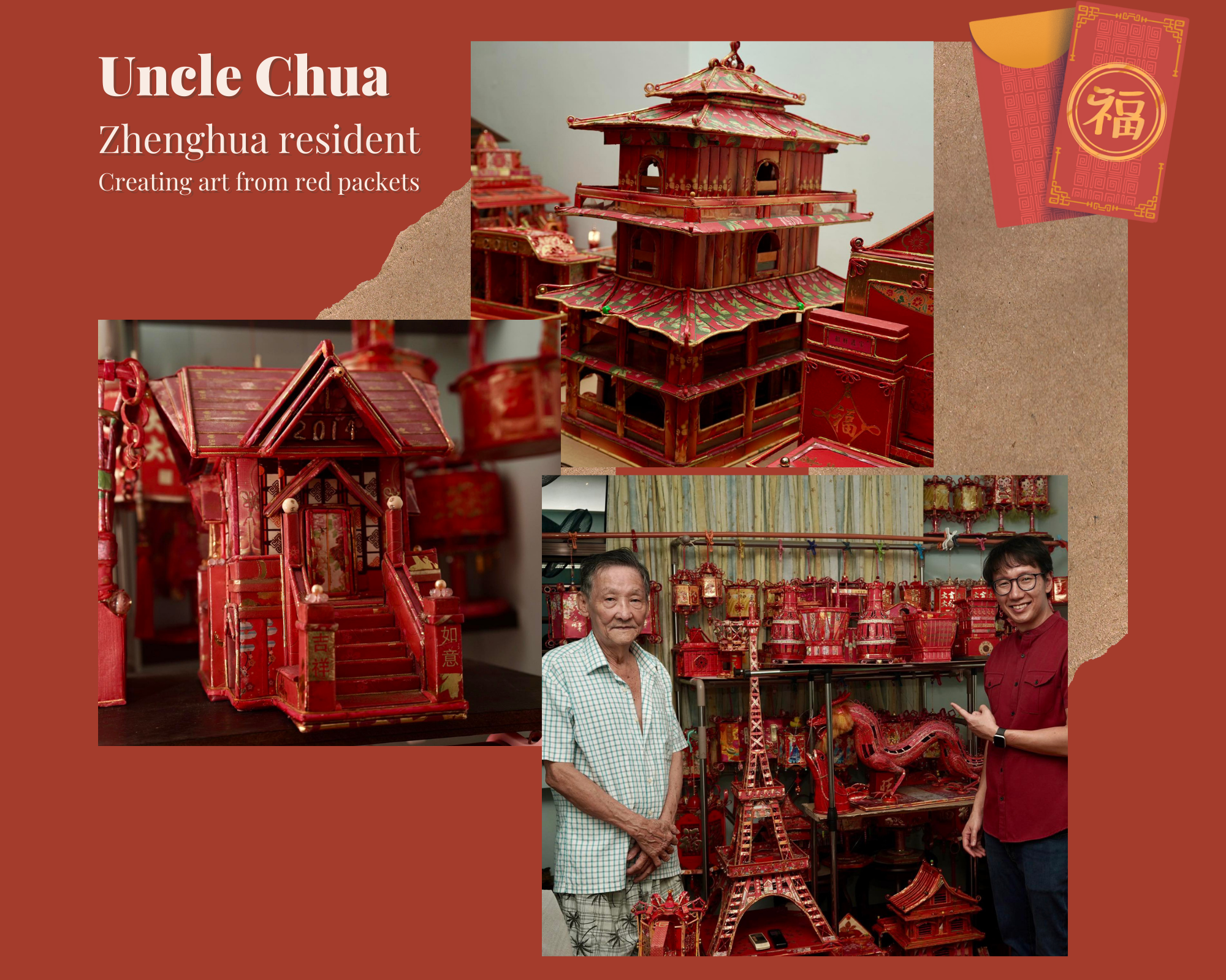 Two men stand beside intricate red packet sculptures including a pagoda, Eiffel Tower, and miniature buildings.
