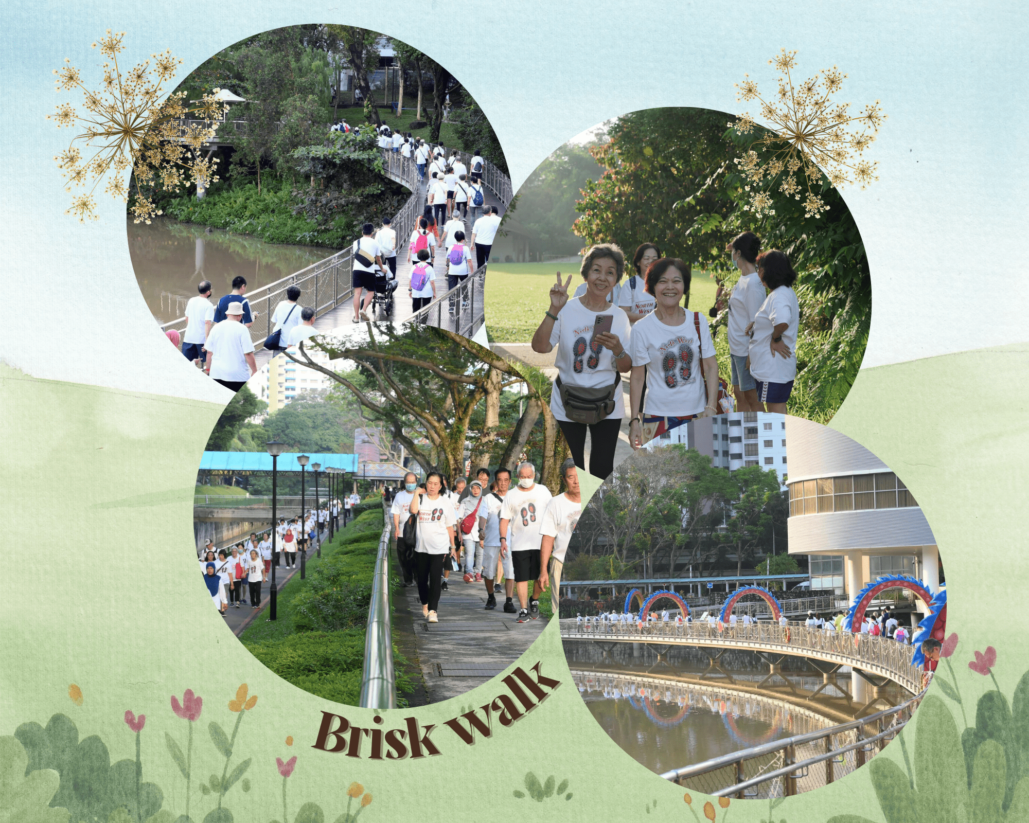 Collage of people in white shirts walking along park paths and a bridge, labeled Brisk Walk.